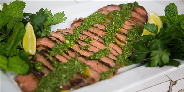 grigliato Flank Steak with Jalapeño-Arugula Harissa