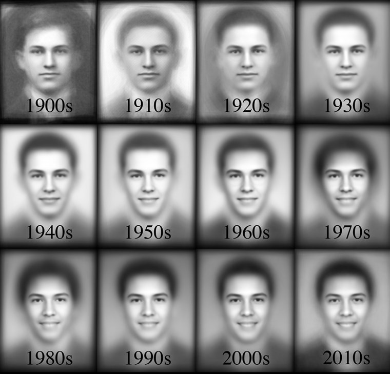 ザ composite images of boys' yearbook photos by decade.