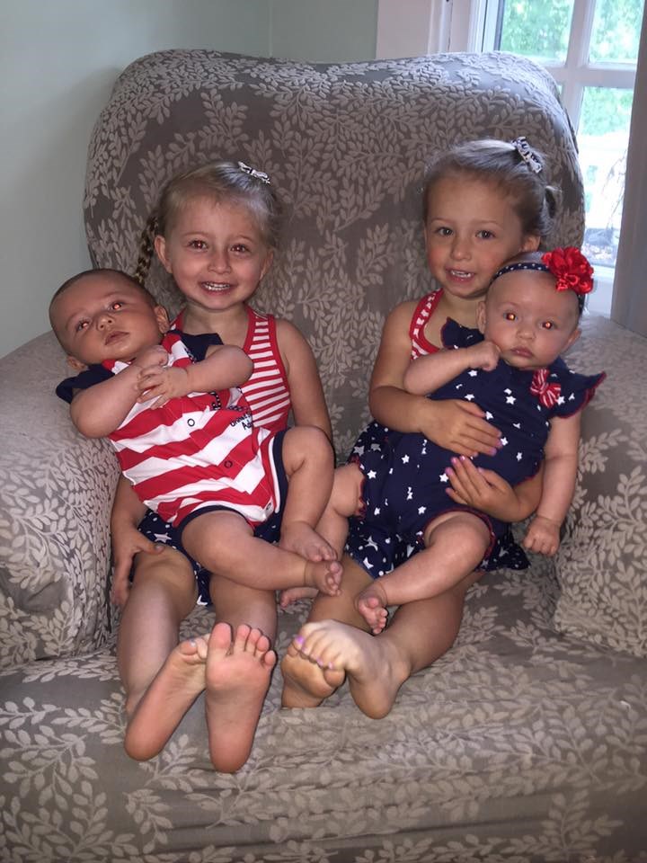Ibu Kristan Levy writes on Facebook, “Our two sets of twins were both surprise twins (no family history and no medication) and are only 2 years apart! All fraternal and love each other to the ends of the earth. Sharing is another story!”