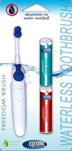 Il Freedom Brush, uses cartridges called liquid dentrifices, for brushing on the go, sans water.