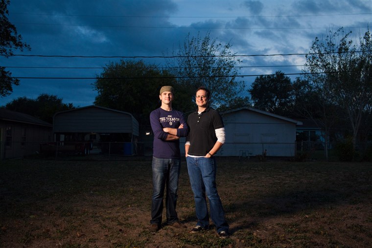 네이선 Palmer, left, and Brett Jones at their home in Victoria, Texas.