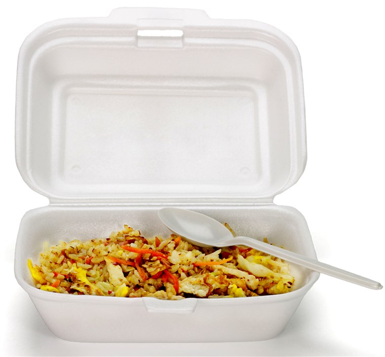 볶은 것 rice in Styrofoam box with plastic disposable spoon