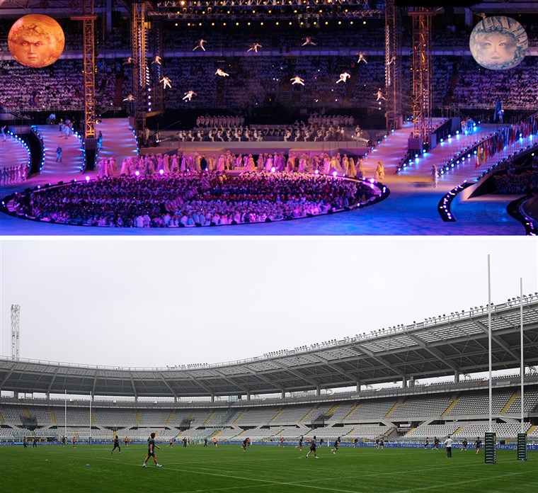 Itu Opening Ceremony of the 2006 Torino Games (top), and the stadium in 2013, used for a rugby match.