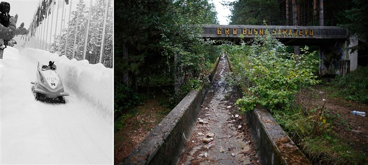 Menghantui side-by-side images shows German competitors (left) during the Games in Sarajevo, 1984, compared with the same bobsled track in disrepair. 
