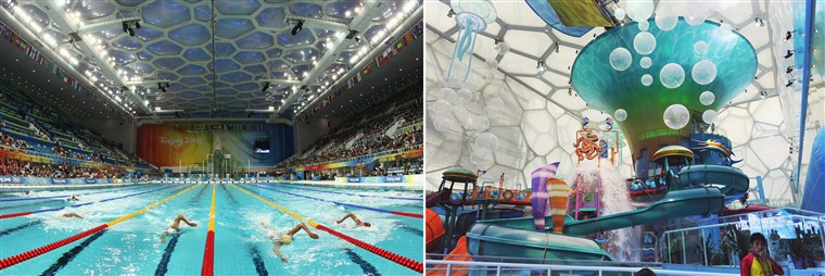 베이징's Water Cube in action during the 2008 Games (left) and as it is now, re-imagined as a water park. 