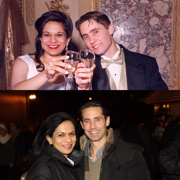 Poi and now: Gandhi and her husband on their wedding day (top), and today, 20 years later (bottom).