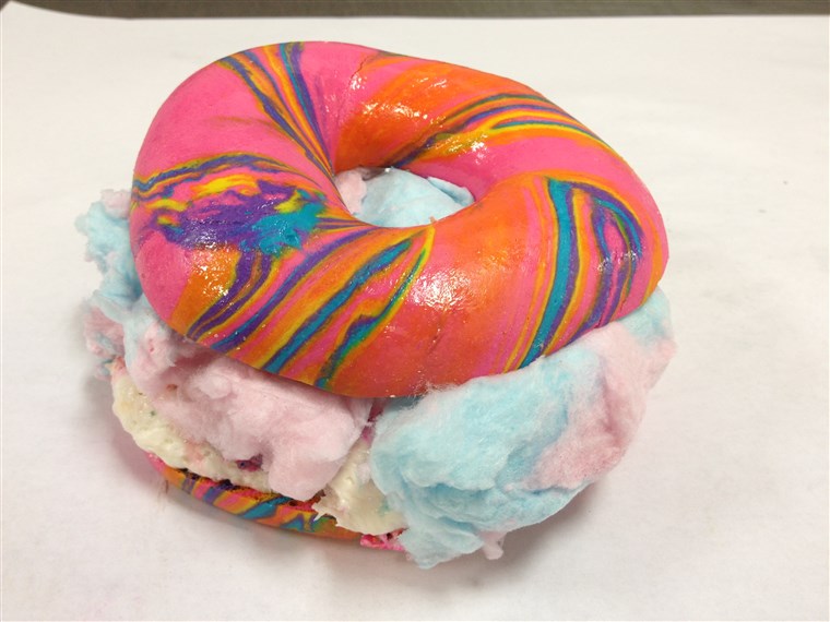 Pelangi Bagel with Rainbow Sprinkle Cake Cream Cheese and Cotton Candy from Brooklyn's The Bagel Store