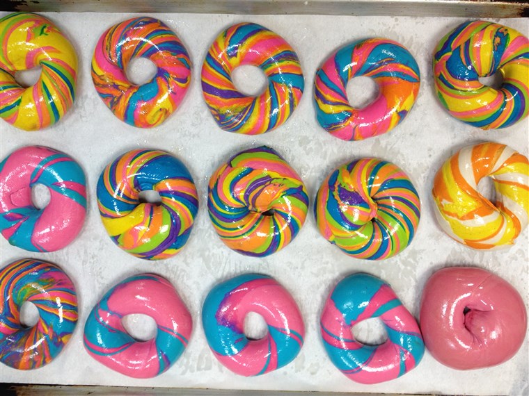 Variasi of Rainbow and Psychadelic Rainbow Bagels from Brooklyn's The Bagel Store